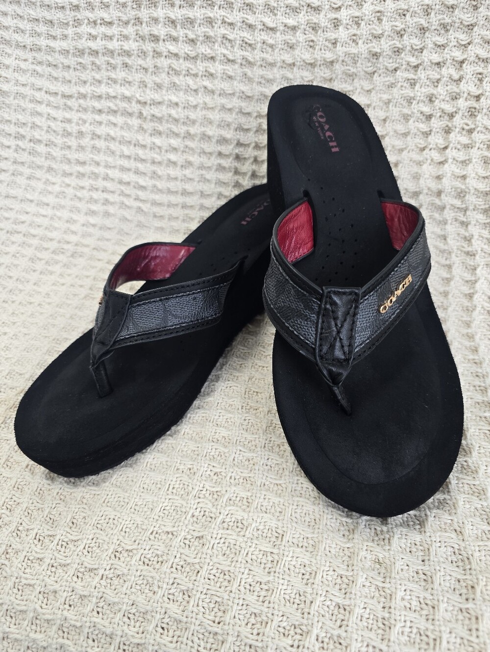 COACH A7821 Jolene Black Flip Flop Sandals Platform Foam Wedge Size 8.5B